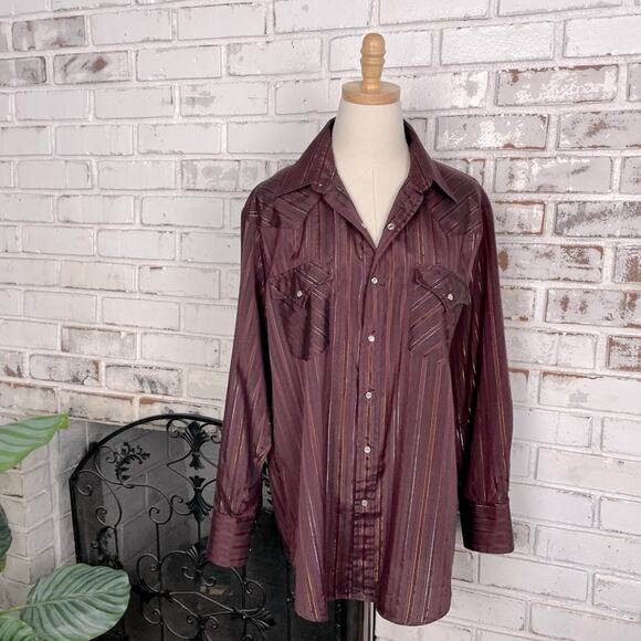 Vintage 90s Ely Cattleman Burgundy Metallic Pin Stripe Pearl Button-down Men’s L - Picture 1 of 9